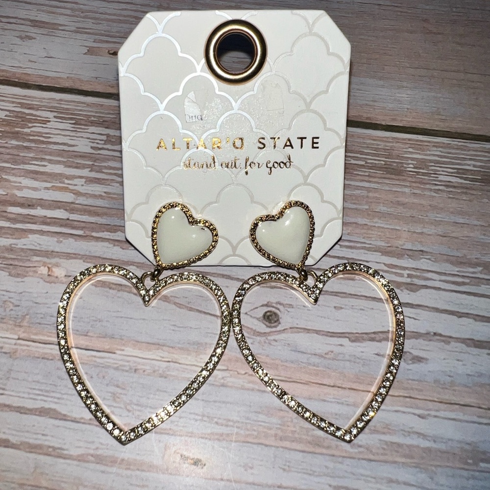 Altar'd State Gold and Cream Heart Earrings with Rhinestone Accents